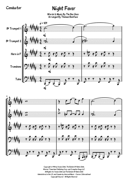 Free Sheet Music Night Fever For Brass Quintet