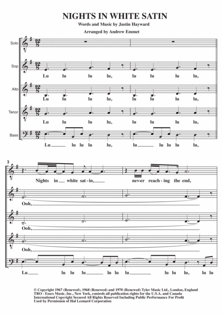 Free Sheet Music Nights In White Satin A Cappella