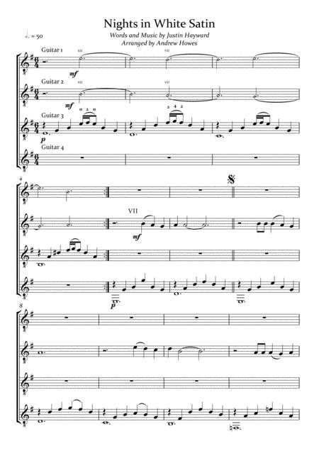 Nights In White Satin For Guitar Quartet Sheet Music