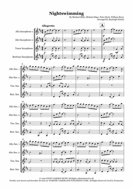 Nightswimming By R E M Saxophone Quartet Aatb Sheet Music