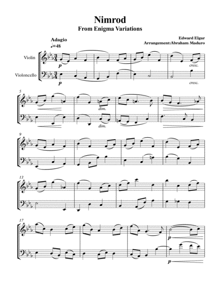 Free Sheet Music Nimrod From Enigma Variations Violin Cello Duet