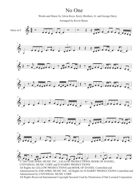 Free Sheet Music No One Easy Key Of C Horn In F