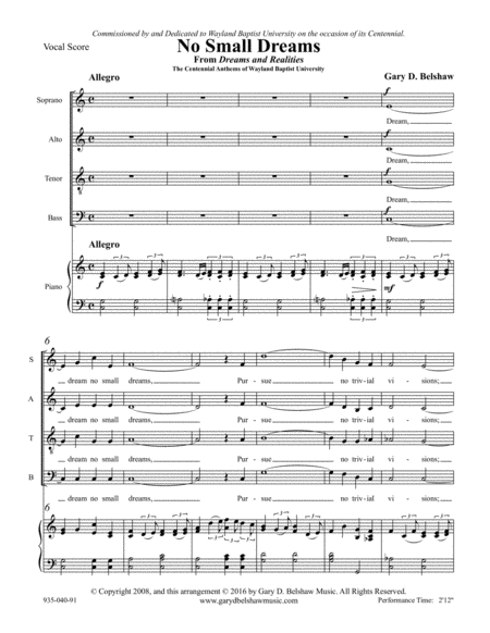 Free Sheet Music No Small Dreams In C