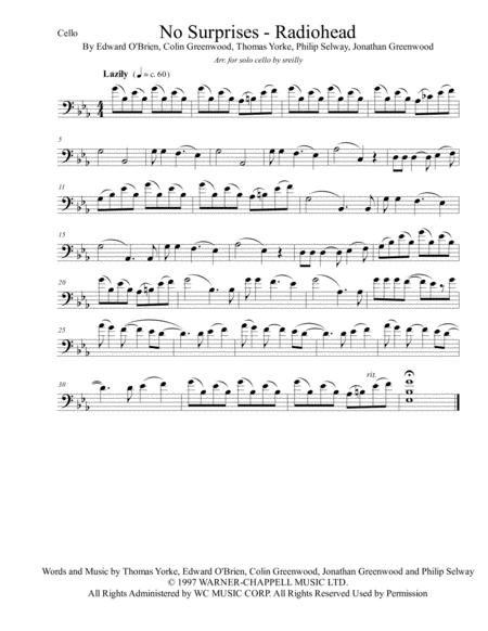 No Surprises Radiohead For Solo Cello Sheet Music