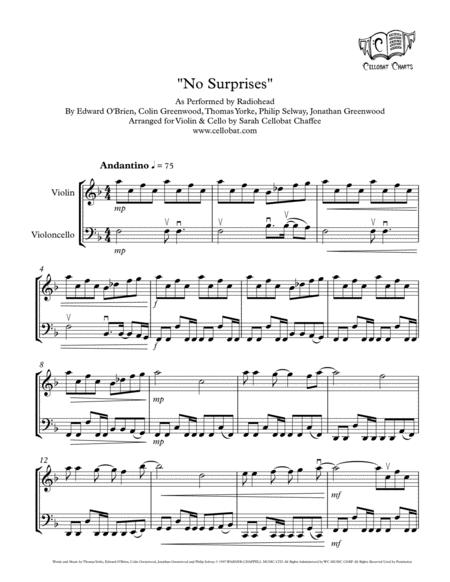 No Surprises Violin Cello Duet Radiohead Arr Cellobat Sheet Music