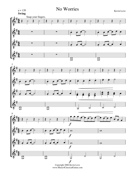 Free Sheet Music No Worries Guitar Quartet Score And Parts