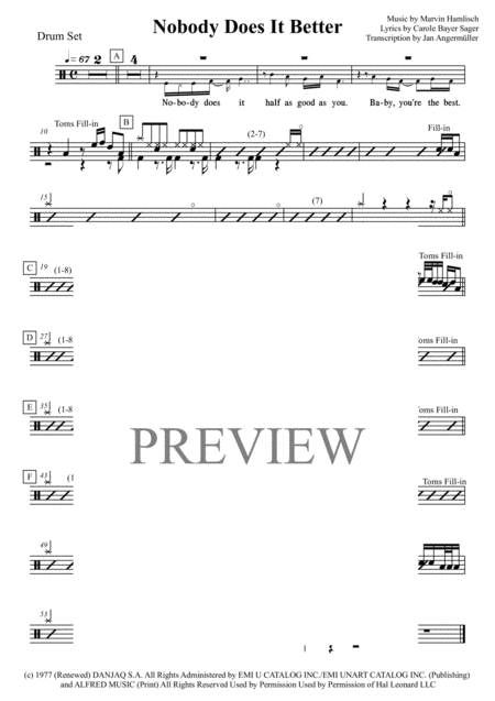 Free Sheet Music Nobody Does It Better From The Spy Who Loved Me Drum Set Transcription Of Original Part