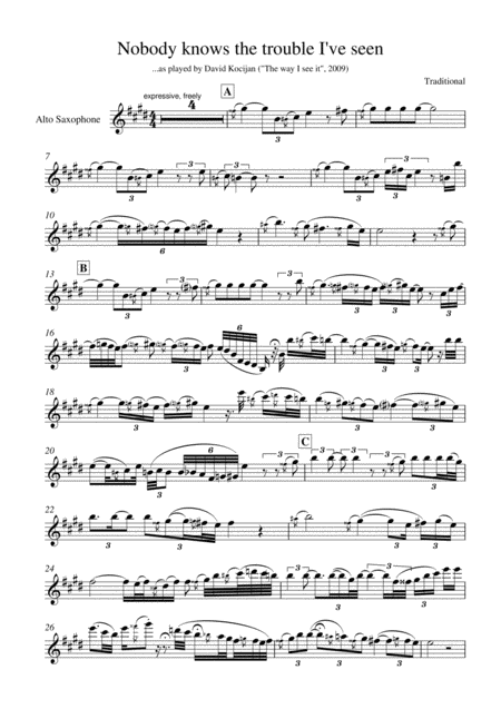Nobody Knows The Trouble I Ve Seen Solo In Eb Alto Sax Sheet Music