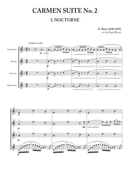 Nocturne From Carmen Suite No 2 For Saxophone Quartet Sheet Music