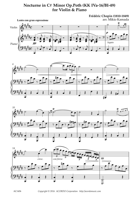 Free Sheet Music Nocturne In C Minor Op Poth Kk Iva 16 Bi 49 For Violin Piano