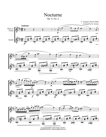 Nocturne Op 9 No 2 Abridged For Violin Or Flute And Guitar Sheet Music