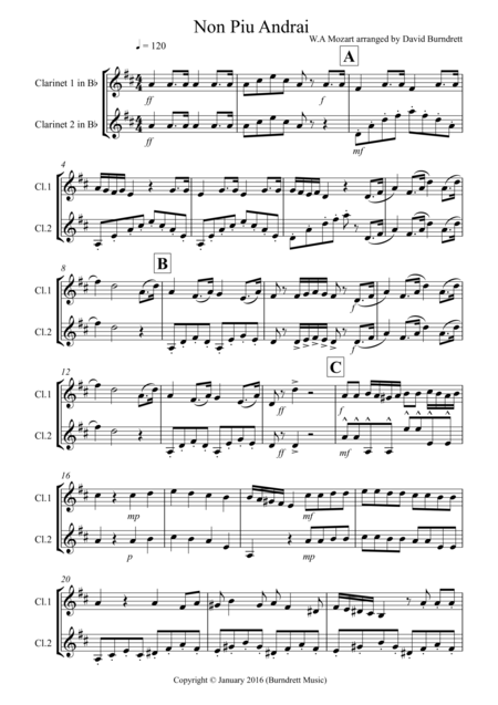 Free Sheet Music Non Pi Andrai For Clarinet Duet