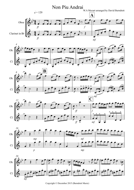 Non Pi Andrai For Oboe And Clarinet Duet Sheet Music