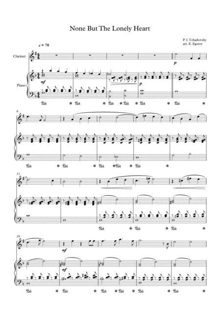 None But The Lonely Heart Peter Ilyich Tchaikovsky For Clarinet Piano Sheet Music