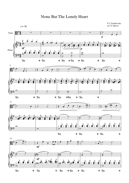 None But The Lonely Heart Peter Ilyich Tchaikovsky For Viola Piano Sheet Music