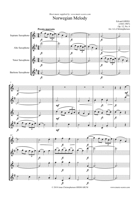 Free Sheet Music Norwegian Melody Op 12 No 6 Sax Quartet
