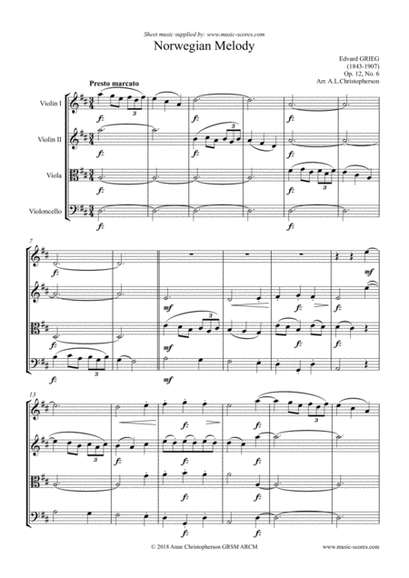 Norwegian Melody Op 12 No 6 String Quartet Sheet Music