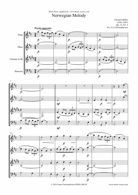 Norwegian Melody Op 12 No 6 Wind Quartet Sheet Music