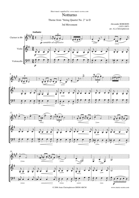 Notturno From Quartet No 2 Trio Clarinet Violin And Cello Sheet Music