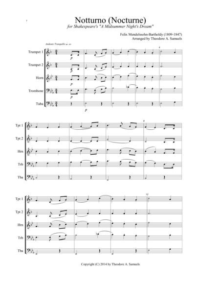 Notturno Nocturne For Shakespeares A Midsummer Nights Dream Brass Quintet Sheet Music