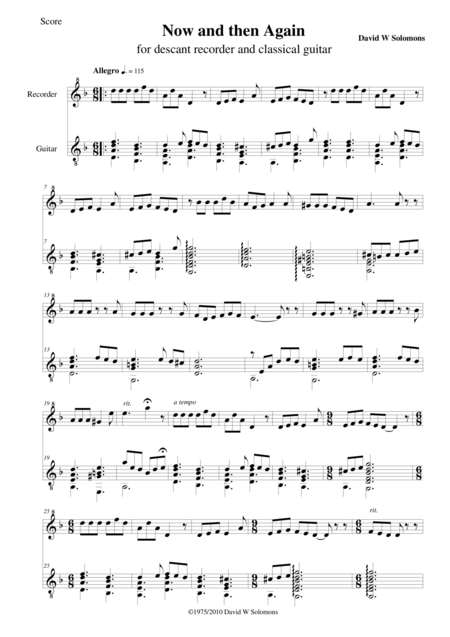 Now And Then Again For Descant Recorder And Guitar Sheet Music