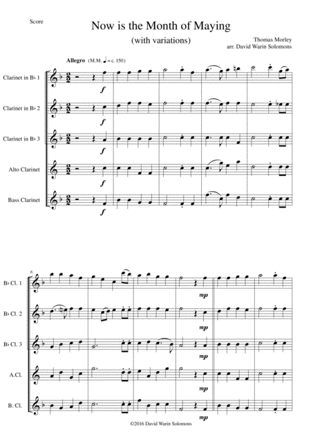 Free Sheet Music Now Is The Month Of Maying With Variations For Clarinet Quintet 3 B Flats 1 Alto 1 Bass