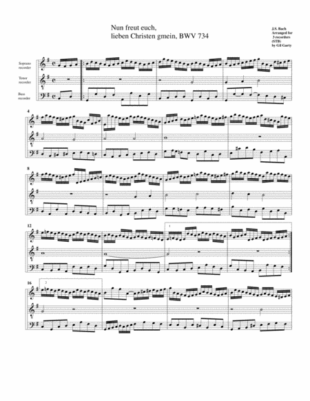 Free Sheet Music Nun Freut Euch Lieben Christen Gmein Bwv 734 For Organ From Kirnberger Chorales Arrangement For 3 Recorders