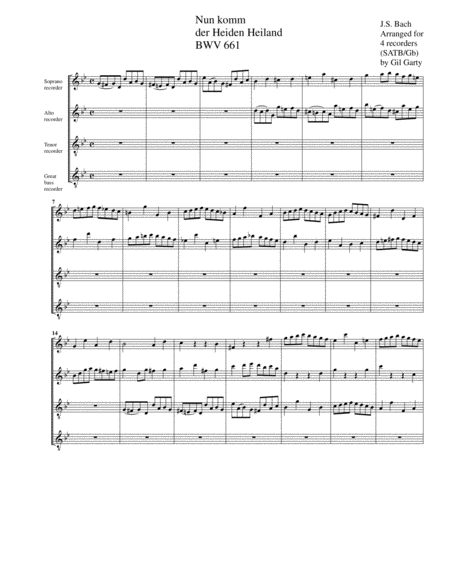 Nun Komm Der Heiden Heiland Bwv 661 From Leipzig Chorales Arrangement For 4 Recorders Sheet Music