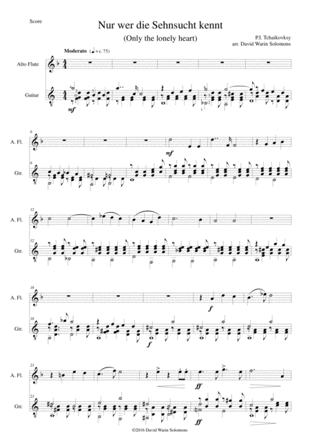 Nur Wer Die Sehnsucht Kennt Only The Lonely Heart For Alto Flute And Guitar Sheet Music