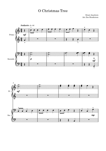 Free Sheet Music O Christmas Tree Piano Duet Beginner