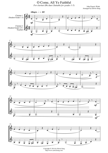 O Come All Ye Faithful For Clarinet Bb Duet Suitable For Grades 1 5 Sheet Music