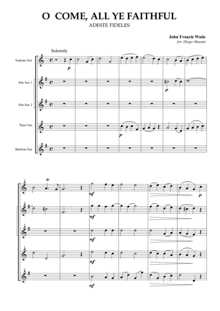 Free Sheet Music O Come All Ye Faithful For Saxophone Quintet