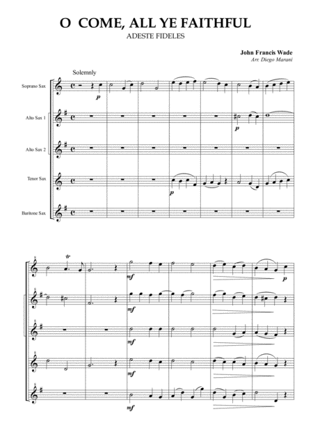 O Come All Ye Faithful For Saxophone Quintet Sheet Music