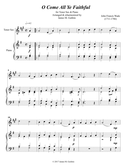 O Come All Ye Faithful For Tenor Sax Piano Sheet Music