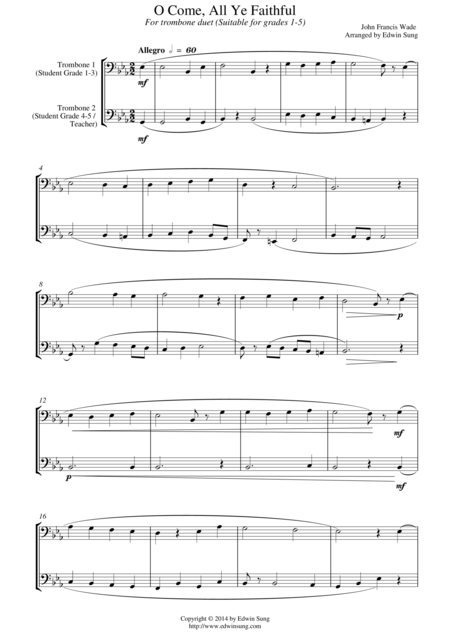 O Come All Ye Faithful For Trombone Duet Suitable For Grades 1 5 Sheet Music