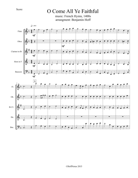 Free Sheet Music O Come All Ye Faithful For Wind Quintet