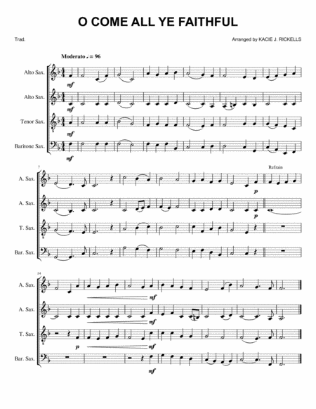 O Come All Ye Faithful Sax Quartet Sheet Music