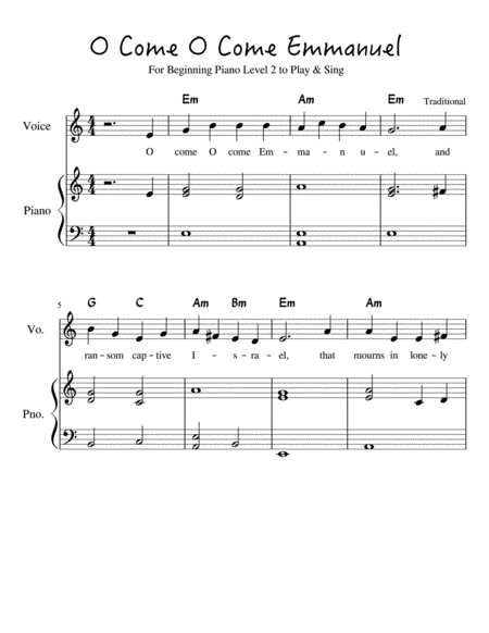 Free Sheet Music O Come Emmanuel For Beginning Piano To Sing And Play