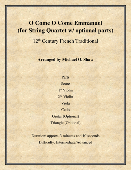 O Come O Come Emmanuel A 12th Century Traditional Christmas Hymn For String Quartet Sheet Music