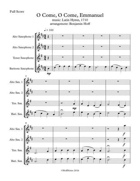 O Come O Come Emmanuel For Sax Quartet Sheet Music