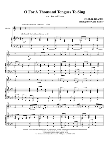Free Sheet Music O For A Thousand Tongues To Sing Alto Sax And Piano With Alto Sax Part