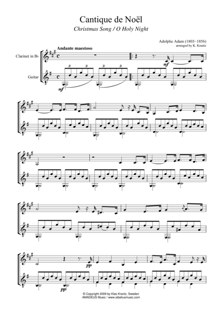 O Holy Night Cantique De Noel For Clarinet In Bb And Guitar Sheet Music