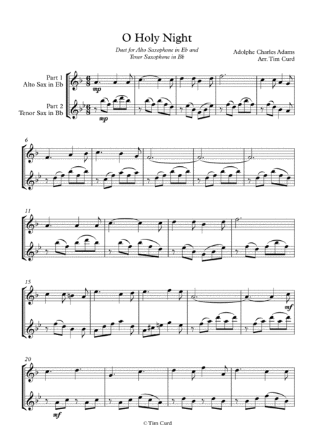 O Holy Night Duet For Alto Saxophone In Eb And Tenor Saxophone In Bb Sheet Music