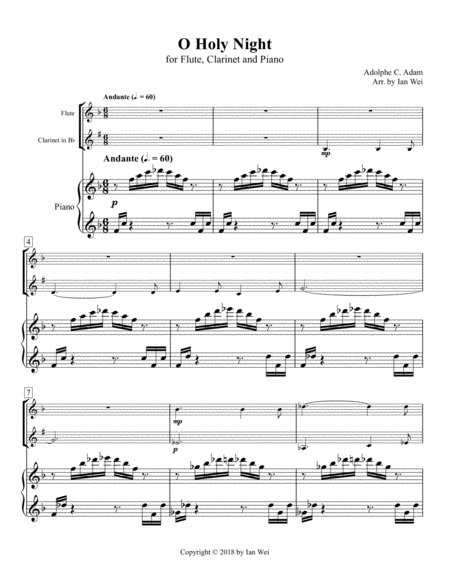 Free Sheet Music O Holy Night For Flute Clarinet And Piano