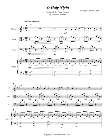 Free Sheet Music O Holy Night For Piano Quartet