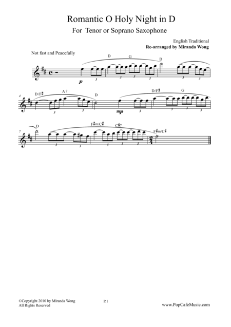 Free Sheet Music O Holy Night In D Tenor Or Soprano Saxophone Solo