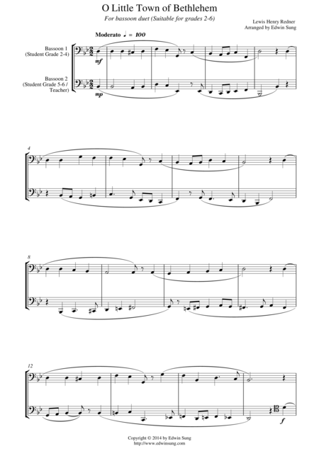 O Little Town Of Bethlehem For Bassoon Duet Suitable For Grades 2 6 Sheet Music