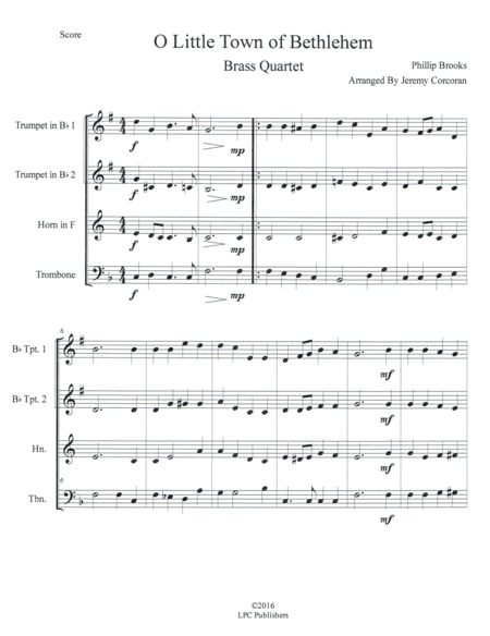 O Little Town Of Bethlehem For Brass Quartet Sheet Music