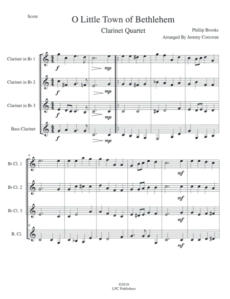 Free Sheet Music O Little Town Of Bethlehem For Clarinet Quartet