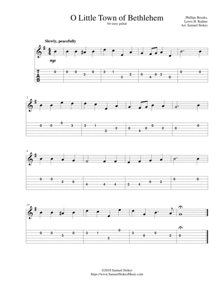 O Little Town Of Bethlehem For Easy Guitar With Tab Sheet Music